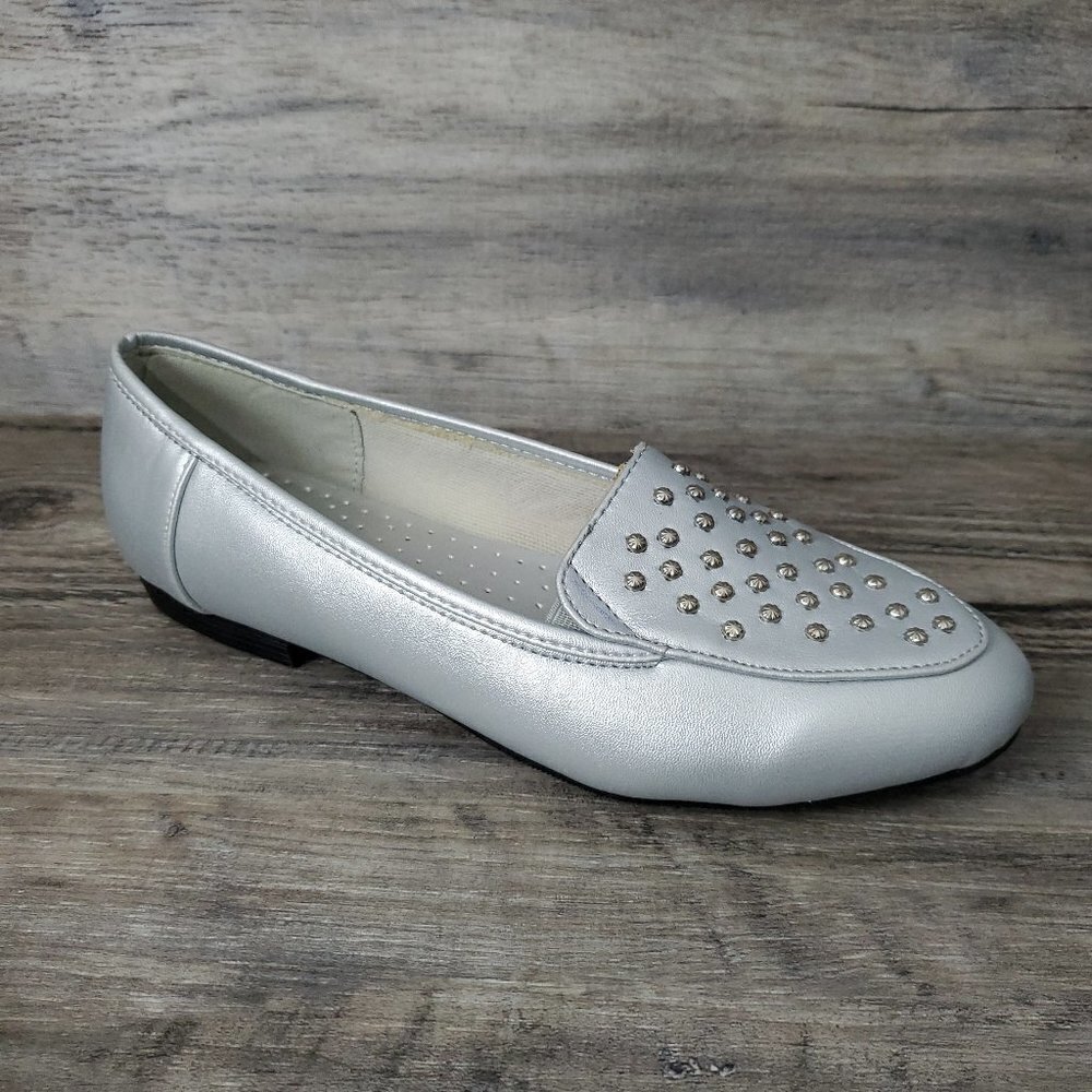 💎305 Angel Steps Studded Silver Metallic Slip On Loafer Shoe - Picture 3 of 7